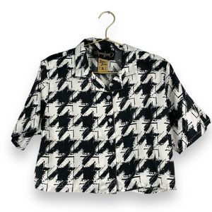 Spoon Jeans Women Sz L Satin‎ Houndstooth Print Button Up Shirt Crop Top 295
